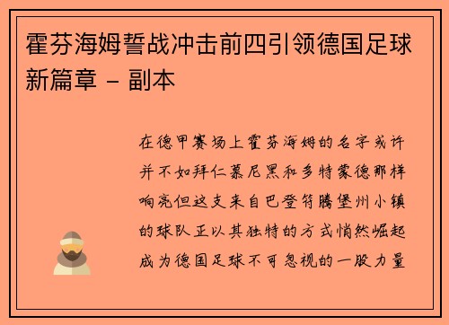 霍芬海姆誓战冲击前四引领德国足球新篇章 - 副本