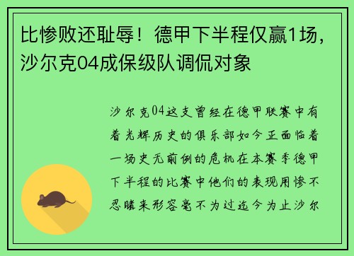 比惨败还耻辱！德甲下半程仅赢1场，沙尔克04成保级队调侃对象