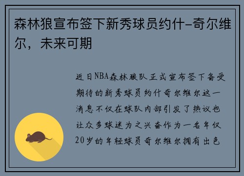 森林狼宣布签下新秀球员约什-奇尔维尔，未来可期