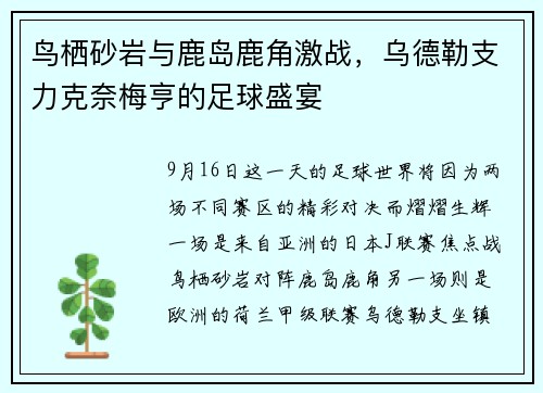 鸟栖砂岩与鹿岛鹿角激战，乌德勒支力克奈梅亨的足球盛宴