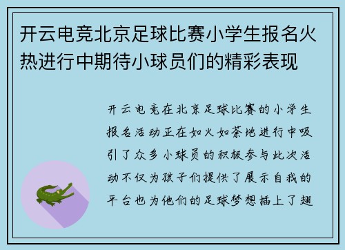 开云电竞北京足球比赛小学生报名火热进行中期待小球员们的精彩表现