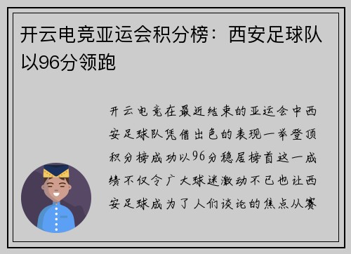 开云电竞亚运会积分榜：西安足球队以96分领跑